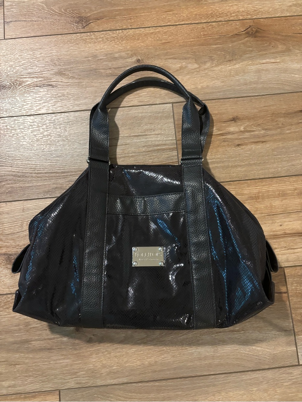 Lollipops Black Snake Embossed Handbag With Cheetah Print Lining